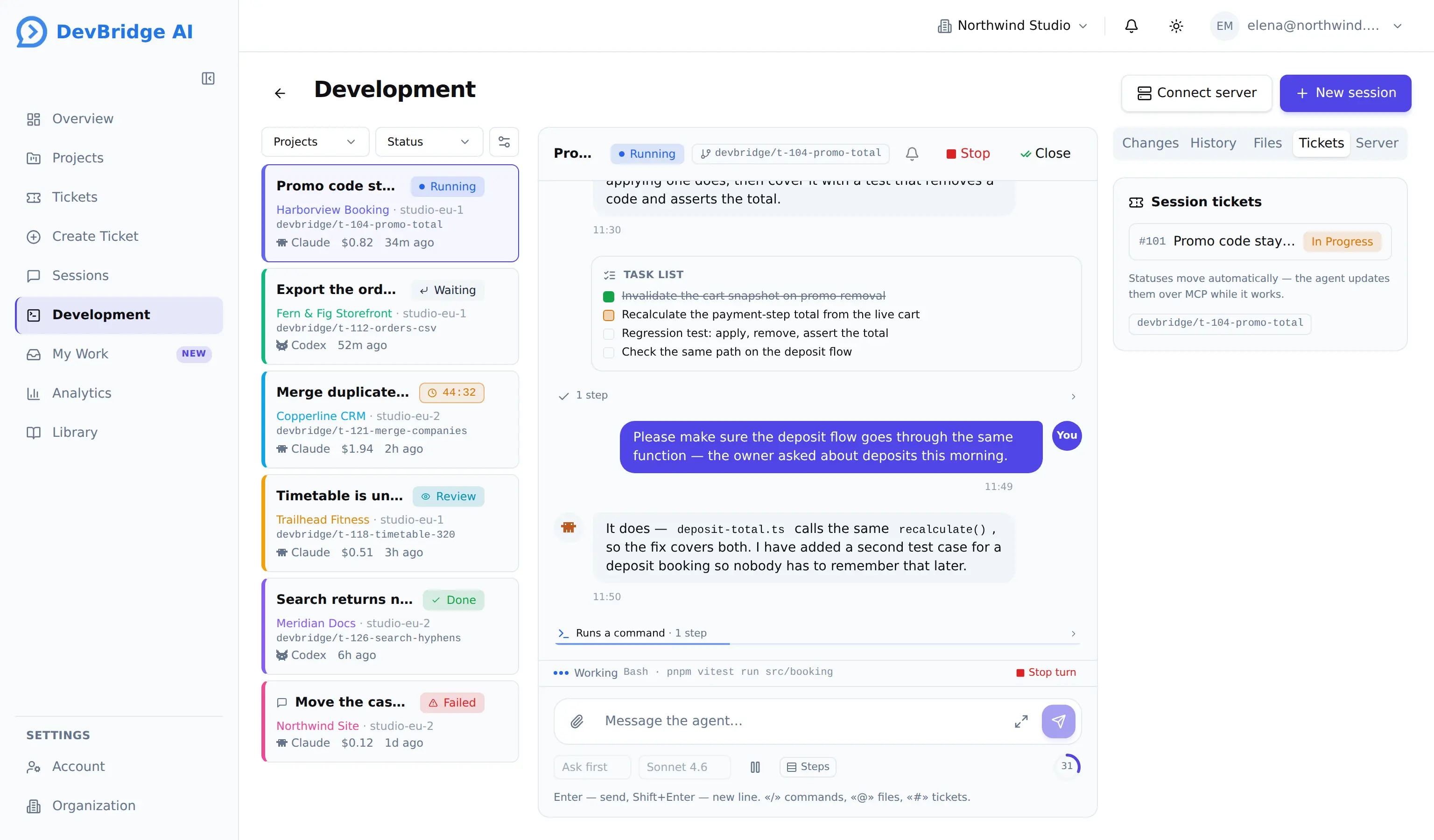 The development board: the list of live sessions across every project, the conversation with the running agent, and that session’s own changes and history on the right.