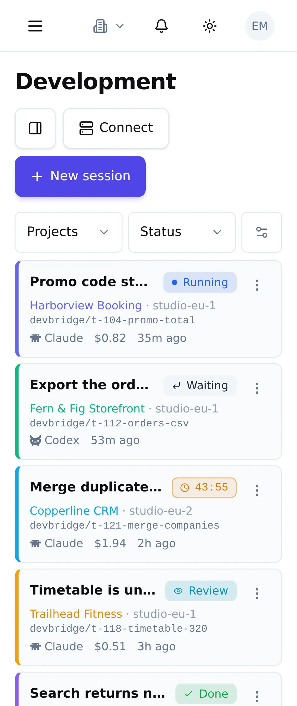 The development board on a phone: live sessions from every project in one list, each with its project, its agent and its state.