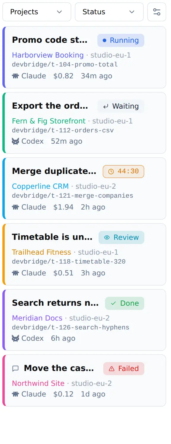 Running, waiting, paused, in review – several sessions live at once across different projects and different machines. How many run side by side is a number you set per machine, and a session can be given its own branch and working folder so two of them on one repository do not collide.