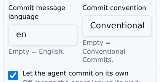 The convention and the language DevBridge writes commit messages in, and – the switch under them – whether the agent may commit on its own at all. That last one goes into the session with the rest of the policy. All three sit on the working folder, so a client’s repository and your own can disagree.