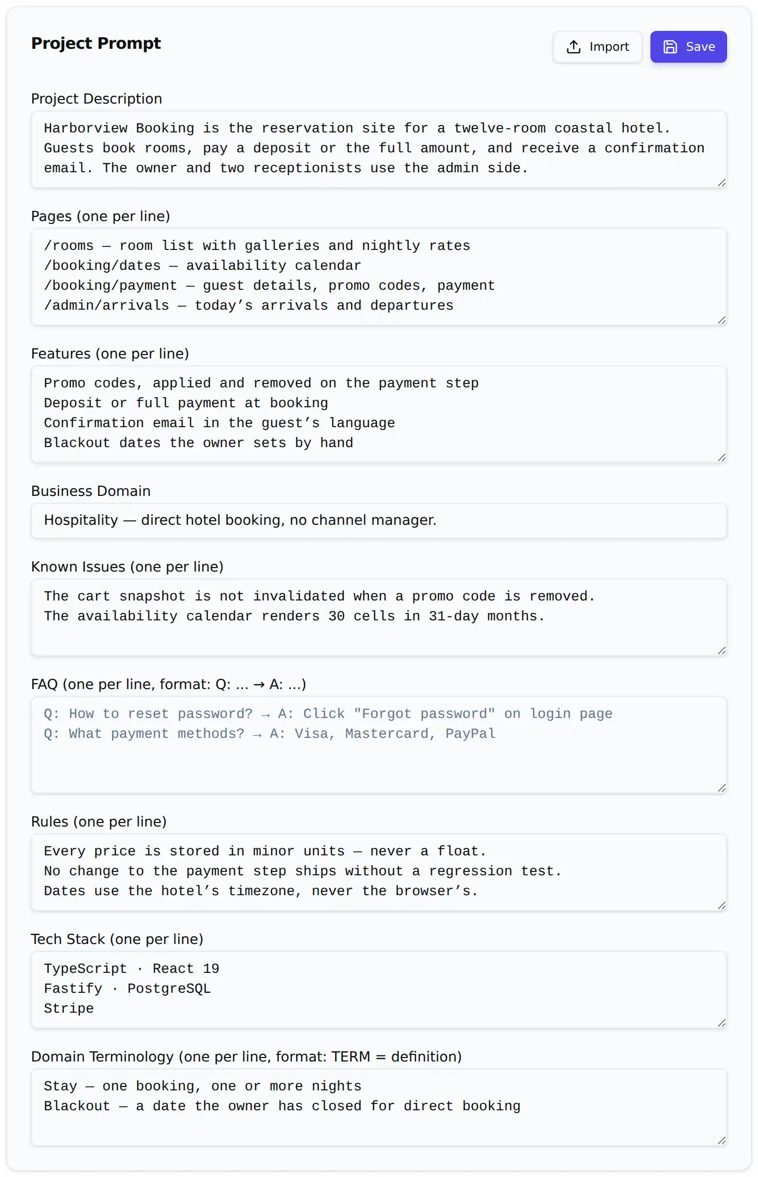 The project explains itself, once – What the product is, what its pages do, the rules of the codebase, the things that are known to be broken. This is what the assistant reads when it turns somebody’s message into a ticket – so the work arrives already knowing where it lands.
